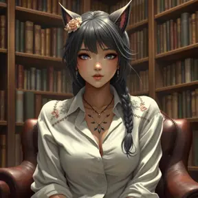 Ahri, with delicate, floral tattoos that bloom across her shoulders and down her spine, dressed in a classic, white button-down shirt that is artfully unbuttoned, sitting in a cozy, book-filled library.