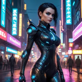 Morgana, in a futuristic, cyber-leathered outfit with digital, animated tattoos that flicker with dark energy, walking down a dimly lit, neon-lit street of a dystopian city, her eyes glowing with a mysterious light.