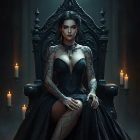 Morgana, adorned with intricate, thorn-inspired tattoos that wrap around her arms and legs, dressed in a regal, medieval-style gown with a deep, plunging neckline, sitting on a throne in a shadowy, candlelit chamber.