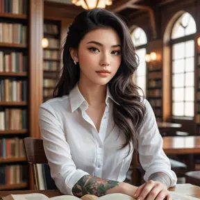 Ahri, with delicate, floral tattoos that bloom across her shoulders and down her spine, dressed in a classic, white button-down shirt that is artfully unbuttoned, sitting in a cozy, book-filled library.