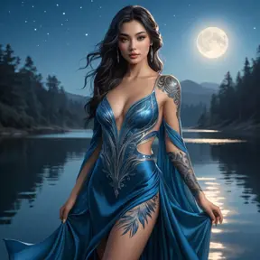 Irelia, adorned with intricate, water-inspired tattoos that wrap around her legs and torso, dressed in a flowing, blue silk dress, standing at the edge of a tranquil, moonlit lake with her blades reflecting the moonlight.