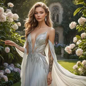 Kayle, with delicate, feather-like tattoos that flutter across her shoulders and down her back, dressed in a flowing, ethereal gown, standing in a serene, garden setting with radiant flowers blooming around her.