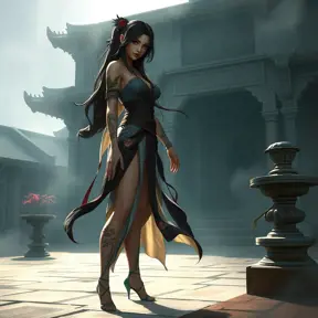 Akali, with delicate, floral tattoos that bloom across her wrists and ankles, dressed in a flowing, assassin's robe that subtly reveals her ink, standing in a misty, ancient temple courtyard.