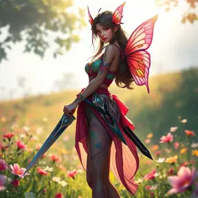 Irelia, with delicate, butterfly tattoos that flutter across her wrists and ankles, dressed in a vibrant, festival-style outfit, standing in a sunlit, flower-filled meadow with her blades sheathed.