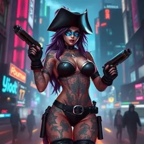 Miss Fortune from League of Legends, her body covered in tattoos that tell the story of her adventures, wearing a sleek, modernized pirate outfit, standing in a futuristic cityscape with neon lights reflecting off her pistols, cyberpunk style, ultra-detailed, 8K resolution