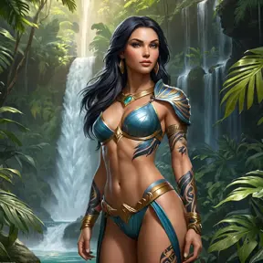 Sivir, the fierce protector, her body marked with bold, warrior-themed tattoos that highlight her strength and resilience, standing in a lush, tropical jungle with a waterfall cascading behind her.