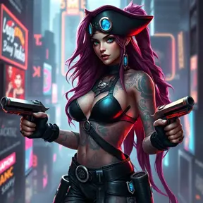 Miss Fortune from League of Legends, her body covered in tattoos that tell the story of her adventures, wearing a sleek, modernized pirate outfit, standing in a futuristic cityscape with neon lights reflecting off her pistols, cyberpunk style, ultra-detailed, 8K resolution