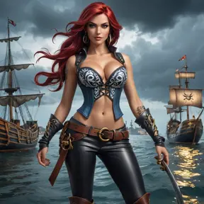 Miss Fortune from League of Legends, her arms and back covered in tribal tattoos that symbolize her pirate heritage, wearing a revealing corset and leather pants, standing in a stormy harbor with her crew in the background, dramatic lighting, hyper-realistic, 8K resolution