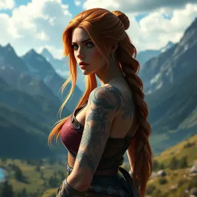 Triss Merigold, the compassionate and powerful mage from The Witcher 3, with tattoos that tell the story of her journey and battles, standing in a serene mountain valley, her hair cascading down her back, and her eyes reflecting both sorrow and hope.