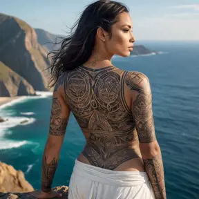 Samira, a warrior goddess with ancient runes and symbols tattooed across her body, stands atop a cliff overlooking a vast ocean. The tattoos emit a soft, ethereal light, reflecting the power and wisdom she embodies.