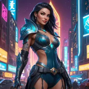 Sivir, the legendary bounty hunter, her skin decorated with intricate, celestial tattoos that reflect her connection to the stars, standing in a futuristic cityscape with neon lights illuminating her path.