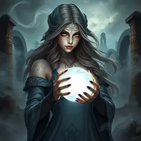 Katarina, a mysterious enchantress with mystical runes tattooed on her face and hands, surrounded by swirling mist and ancient ruins, holding a crystal ball that glows with inner light.