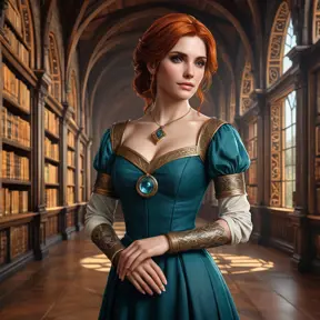 Triss Merigold, the beloved sorceress from The Witcher 3, with elegant tattoos that form a magical circle around her arms, standing in a grand library filled with ancient tomes, her dress flowing gracefully, and her eyes filled with wisdom and determination.