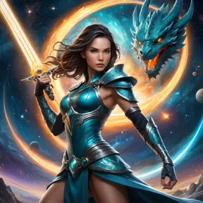 A fierce Vex warrior with dragon-themed tattoos, wielding a glowing energy sword, set against a backdrop of a cosmic battlefield with swirling galaxies.