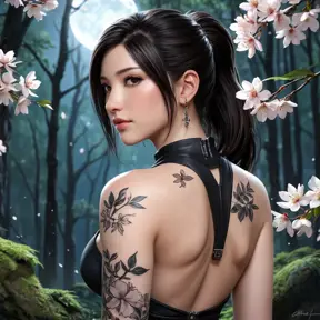 Tifa Lockhart with elegant, floral tattoos adorning her shoulders and upper back, standing in a serene, moonlit forest with cherry blossoms falling around her.