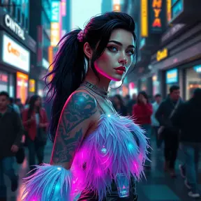 Sona, in a futuristic, cyber-leathered outfit with digital, animated tattoos that sync with her music, walking down a bustling, neon-lit street of a futuristic city, her eyes serene and focused as she navigates the crowd.