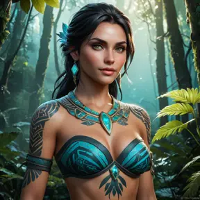 A stunning Nidalee from The Witcher 3, adorned with intricate tribal tattoos that glow with a mystical aura, standing in a lush, enchanted forest with bioluminescent plants illuminating her path.