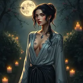 Yennefer with delicate, floral tattoos that intertwine with magical symbols, dressed in a luxurious, velvet robe, standing in a serene garden with floating candles and a full moon overhead, her presence exuding both power and grace.