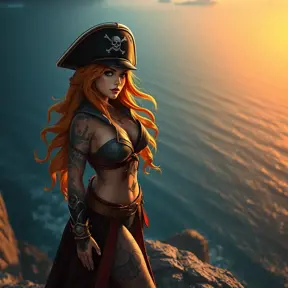 Miss Fortune from League of Legends, her skin adorned with nautical-themed tattoos, wearing a pirate captain's hat and a long coat, standing on a cliff overlooking a vast ocean, the sunset casting a golden glow on her, highly detailed, ultra-realistic, 6K resolution