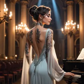 Sona, the silent enchantress, with elegant, musical-themed tattoos that cover her arms and back, wearing a flowing, ethereal gown with a high collar, standing in a grand, candlelit concert hall with her etwahl in hand.