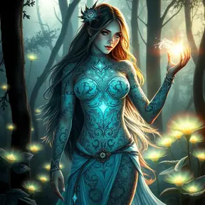 Lux, the radiant mage, adorned with intricate tattoos that glow with arcane energy, standing in a mystical forest with bioluminescent plants casting a soft, ethereal light on her skin.