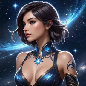 Fiora from League of Legends with celestial tattoos of stars and constellations on her shoulders and neck, standing under a night sky filled with swirling galaxies, her eyes reflecting the cosmic light.