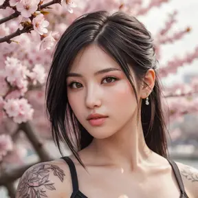 A close-up of Tifa Lockhart with delicate, watercolor-style tattoos on her face and neck, set against a soft, dreamy background of floating cherry blossoms.