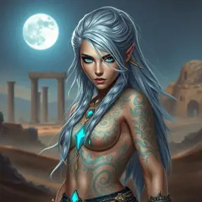 Sivir, the mercenary with striking blue eyes and flowing silver hair, adorned with intricate tribal tattoos that glow faintly in the moonlight, standing confidently in a desert landscape with a backdrop of ancient ruins.