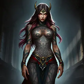 Katarina from League of Legends with bold, geometric tattoos resembling ancient Noxian symbols, standing in a grand hall filled with shadows, her presence commanding and powerful.