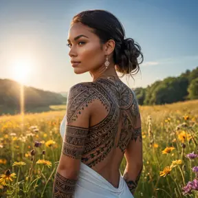 Samira, a striking woman with intricate tribal tattoos adorning her arms and back, stands confidently in a sunlit meadow. Her tattoos glow with a subtle luminescence, blending seamlessly with the vibrant wildflowers that surround her.