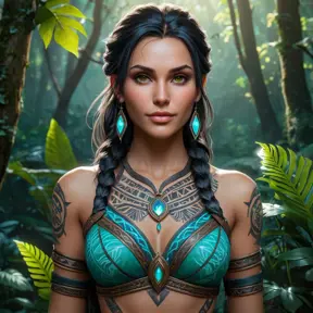 A stunning Nidalee from The Witcher 3, adorned with intricate tribal tattoos that glow with a mystical aura, standing in a lush, enchanted forest with bioluminescent plants illuminating her path.