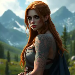 Triss Merigold, the compassionate and powerful mage from The Witcher 3, with tattoos that tell the story of her journey and battles, standing in a serene mountain valley, her hair cascading down her back, and her eyes reflecting both sorrow and hope.