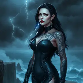 Yennefer with elegant, silver-lined tattoos that depict scenes of arcane rituals, dressed in a sleek, form-fitting outfit, standing on a cliff overlooking a stormy sea, lightning illuminating her face.