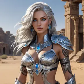 Sivir, the mercenary with striking blue eyes and flowing silver hair, adorned with intricate tribal tattoos that glow faintly in the moonlight, standing confidently in a desert landscape with a backdrop of ancient ruins.