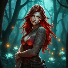 Triss Merigold, the enchanting sorceress from The Witcher 3, adorned with intricate magical tattoos that glow with arcane energy, standing in a mystical forest with bioluminescent plants, her red hair flowing like flames, and her eyes shimmering with ancient knowledge.