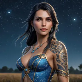 A breathtaking Nidalee from The Witcher 3, her skin adorned with intricate, celestial tattoos that glow with starlight, standing in a vast, open field under a clear night sky filled with countless stars.