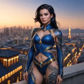 Vayne, the vigilant hunter, her skin adorned with intricate, celestial tattoos that reflect her connection to the night sky, standing on a rooftop overlooking a bustling city at dusk.