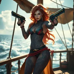 Miss Fortune from League of Legends, adorned with intricate tattoos that glow with a mystical aura, standing on the deck of her ship with the ocean waves crashing behind her, her dual pistols gleaming in the sunlight, cinematic lighting, high detail, 4K resolution