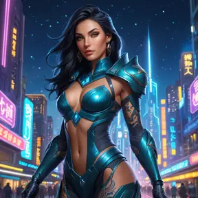 Sivir, the legendary bounty hunter, her skin decorated with intricate, celestial tattoos that reflect her connection to the stars, standing in a futuristic cityscape with neon lights illuminating her path.