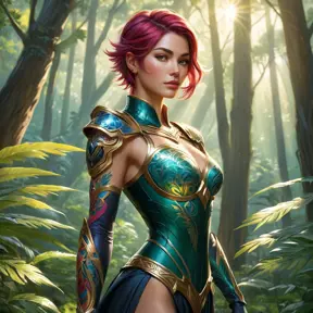 Fiora, the poised and confident swordswoman, her skin decorated with vibrant, abstract tattoos that shimmer like jewels, standing in a lush forest with sunlight filtering through the trees, her presence commanding respect.