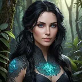 Yennefer of Vengerberg with intricate, glowing tattoos that resemble ancient runes, standing in a mystical forest with bioluminescent plants, her eyes shimmering with magical energy.