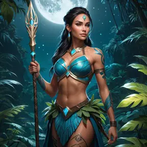 Nidalee, the warrior queen, with bold, geometric tattoos that symbolize her strength and connection to the wild, standing in a moonlit jungle with bioluminescent plants glowing around her, her spear held high.