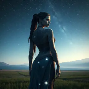 A breathtaking Nidalee from The Witcher 3, her skin adorned with intricate, celestial tattoos that glow with starlight, standing in a vast, open field under a clear night sky filled with countless stars.