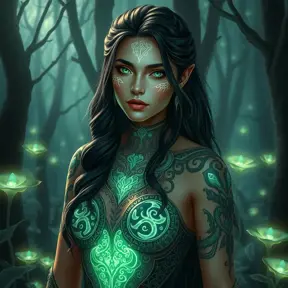 Yennefer of Vengerberg with intricate, glowing tattoos that resemble ancient runes, standing in a mystical forest with bioluminescent plants, her eyes shimmering with magical energy.