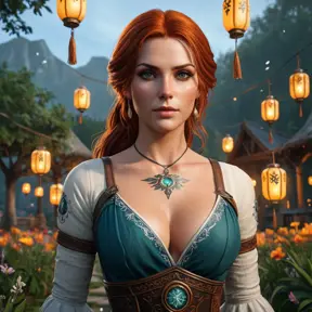 Triss Merigold, the fierce and beautiful sorceress from The Witcher 3, with tattoos that resemble magical runes and symbols, standing in a mystical garden with floating lanterns and glowing flowers, her presence exuding both strength and grace.