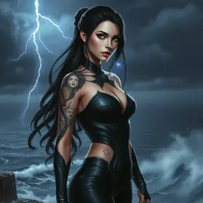 Yennefer with elegant, silver-lined tattoos that depict scenes of arcane rituals, dressed in a sleek, form-fitting outfit, standing on a cliff overlooking a stormy sea, lightning illuminating her face.