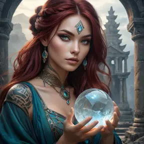 Katarina, a mysterious enchantress with mystical runes tattooed on her face and hands, surrounded by swirling mist and ancient ruins, holding a crystal ball that glows with inner light.