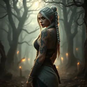 Ciri from The Witcher 3, with intricate tribal tattoos covering her arms and back, standing in a misty forest with ancient trees and glowing runes, cinematic lighting, hyper-realistic, 8K resolution