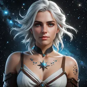 Ciri from The Witcher 3, with celestial tattoos representing stars and constellations, floating in a cosmic void with galaxies swirling around her, soft ethereal glow, ultra-detailed, 8K