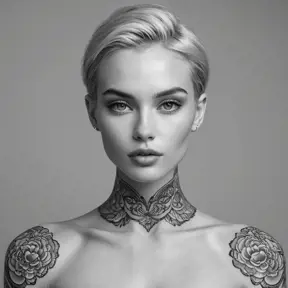 A close-up of Quinn's face, her features delicate yet strong, with tattoos that weave around her neck and jawline, creating a striking contrast against her smooth, porcelain skin, set against a minimalist, monochrome background.